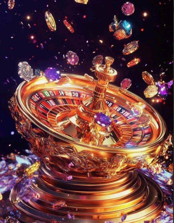 Antarmuka permainan Galactic Gems dengan grid simbol dan kontrol taruhan
